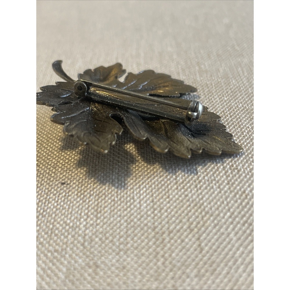 Vintage Cut Copper Leaf Brooch Red Jasper Cabochon Oak Pine Nature Pin Layered - Picture 6 of 7
